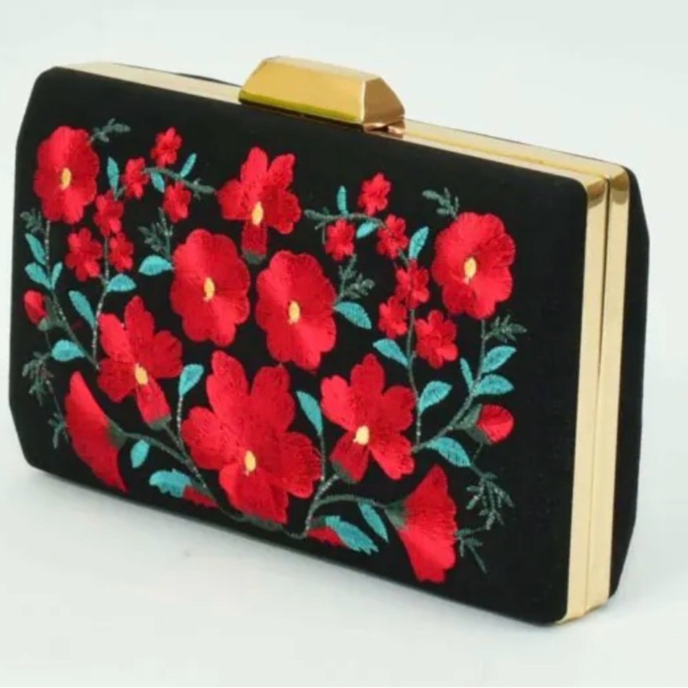 Black and Red Floral Embroidered Women's Clutch Bag with Gold Chain Strap